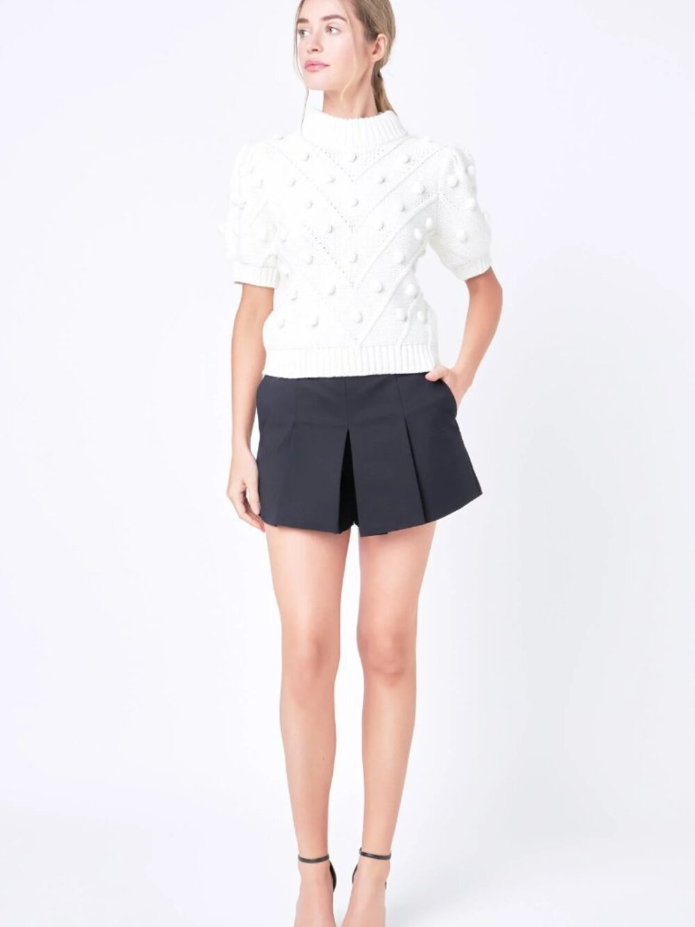 English Factory Puff Short Sleeve Sweater Mock Neck Textured Knit Ivory Medium - Picture 7 of 7